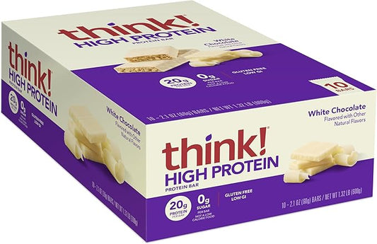 think! Protein Bars, High Protein Snacks, Gluten Free, Kosher Friendly, White Chocolate, Nutrition Bars, 2.1 Oz per Bar, 10 Count (Packaging May Vary)