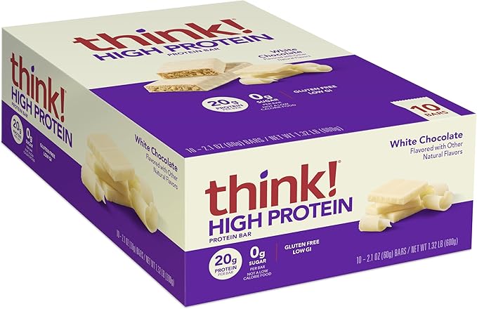 think! Protein Bars, High Protein Snacks, Gluten Free, Kosher Friendly, White Chocolate, Nutrition Bars, 2.1 Oz per Bar, 10 Count (Packaging May Vary)