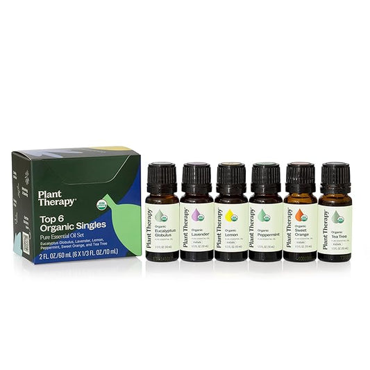 Plant Therapy Top 6 USDA Organic Essential Oil Set - Lavender, Peppermint, Eucalyptus, Lemon, Tea Tree 100% Pure, Natural Aromatherapy, for Diffusion & Topical Use, Therapeutic Grade 10 mL (1/3 oz)