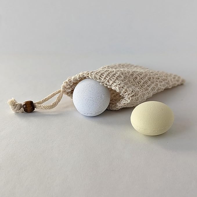 Energize with Awake: Lavender, Chamomile, Jasmine. Relax with Dream: Lemon, Eucalyptus, Grapefruit. 10-Piece Shower Steamer and Shower Bombs Aromatherapy Gift Set with Burlap Bag