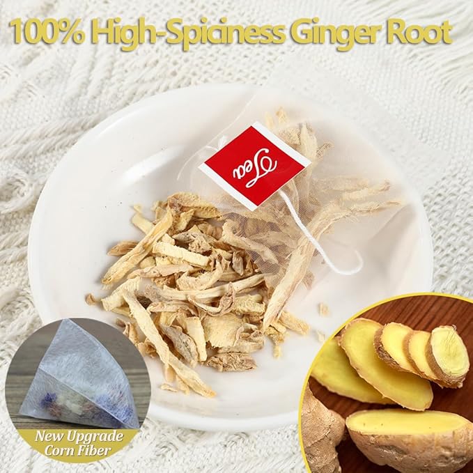 60 Premium Ginger Tea Bags, Made with 100% High-Spiciness Ginger Root, Full of Favor & Spicy, Support Digestion & Boost Immunity, No Additives & Caffeine Free.