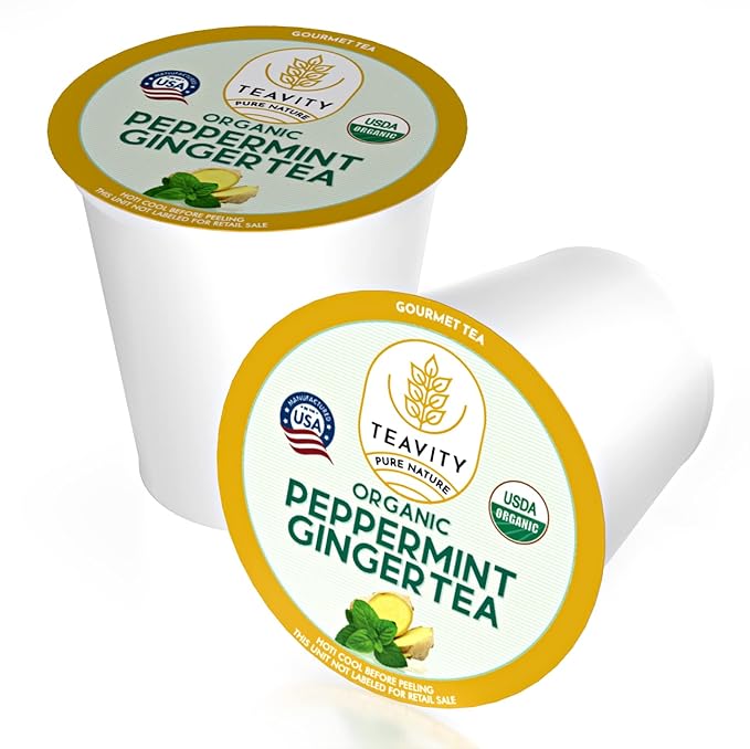Organic Ginger Tea Pods for Keurig with Organic Peppermint Tea - Decaf Tea for K Cup Brewing Peppermint Ginger by Teavity (36 Tea Pods)