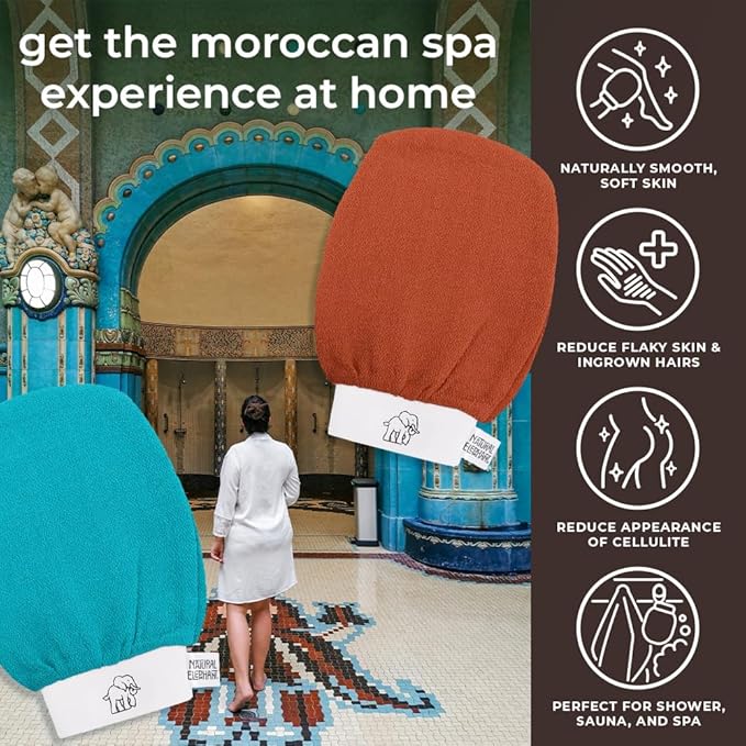 Natural Elephant Exfoliating Hammam Glove | Authentic Moroccan Kessa Body Scrub Mitt for Spa-Quality Skin Renewal | Burnt Orange