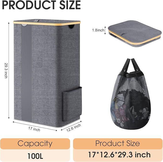 Laundry Basket Clothes Hamper with Lid and Pocket Large Collapsible Laundry Baskets with Handle, Freestanding Hampers for Bedroom Aesthetic, Dorm, Bathroom, Laundry Room (100L,Light Grey)