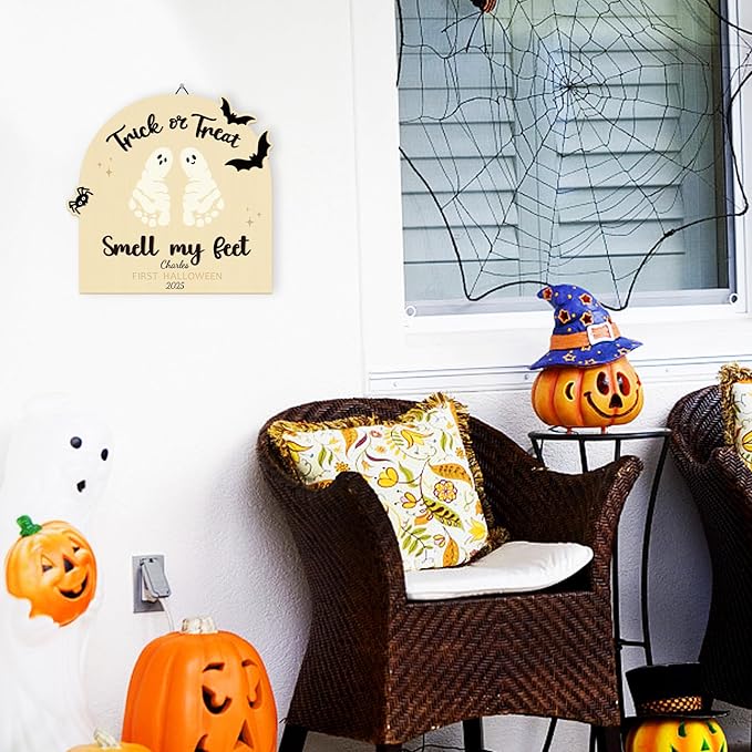 Sereliy Baby's First Halloween DIY Footprint Art Card, Wooden Halloween Baby Sign Keepsake Ornaments for Baby Shower Newborn Photoshoot Prop (Trick)