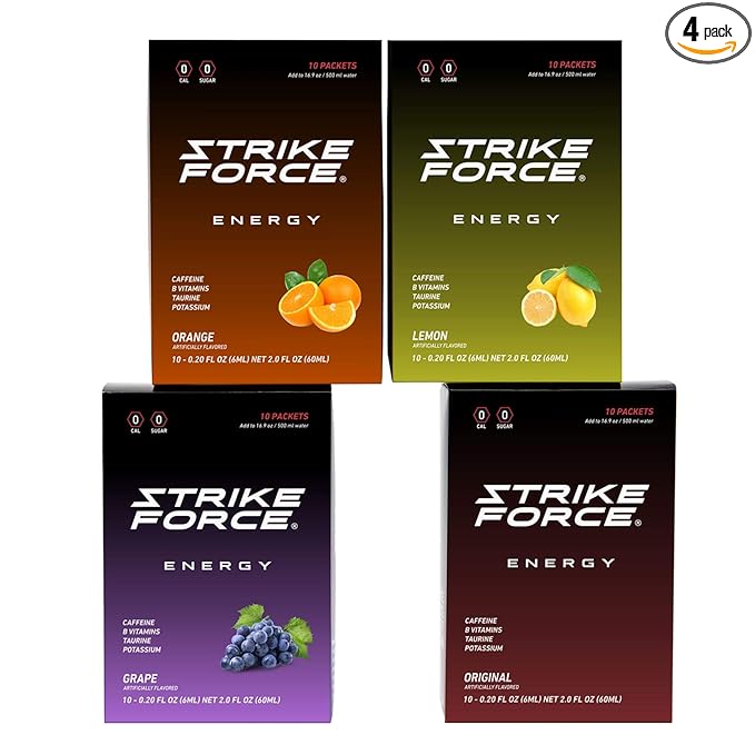 Strike Force Energy Drink Mix - 4 Flavor Variety Pack - Natural Tasting Caffeine Drink - Turn Any Drink into a Healthy Energy Drink - Zero Calories, Keto Friendly, Sugar Free, Pre Workout (40 Liquid Packets)