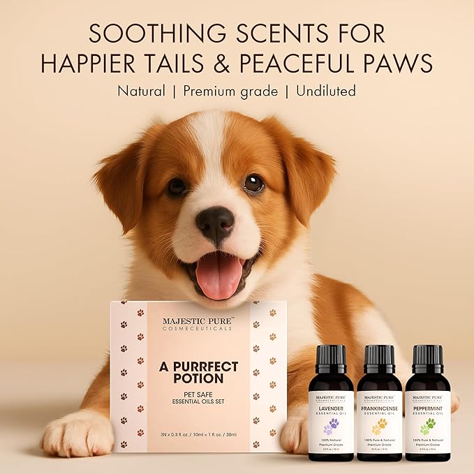 Majestic Pure, Lavender, Peppermint and Frankincense Pet Essential Oil Set | Pet Friendly and Provides Peaceful Atmosphere Used for Diffuser, Room Spray and Topical | Set of 3