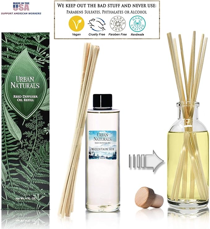 Urban Naturals Mountain Air Scented Oil Reed Diffuser Refill | Includes a Free Set of Reed Sticks! Fresh Herbs, Birch, Pear, Sage & Amber Fragrance Notes | 4 oz.