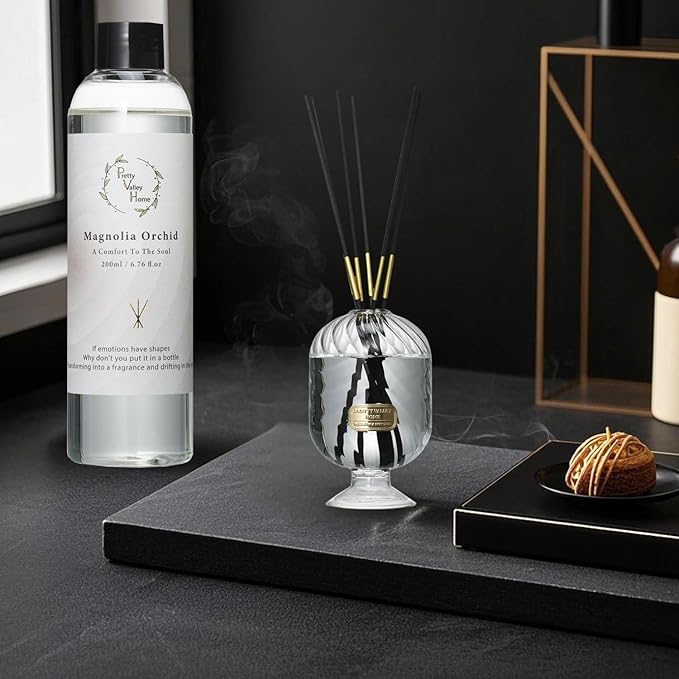 Reed Diffuser Set, Pretty Valley Home Diffuser 200Ml / 6.76 fl OZ Gift Box - Includes Reed Diffuser Sticks, Long Lasting Fragrance Oil and Glass Bottle for Office Living Room Decor (Magnolia Orchid)