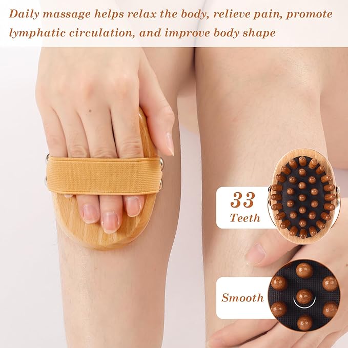 Patelai 12 Pack Wooden Lymphatic Massage Tools with Air Cushion & Elastic Band Cellulite Remover & Body Shaping Kit Meridian Brush, Gua Sha Comb for Scalp, Muscle Pain Relief & Hair Growth