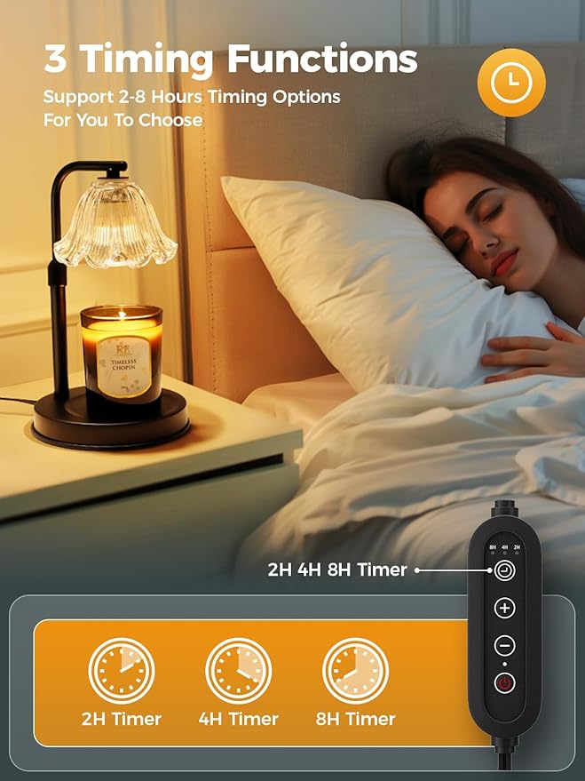 Flower Candle Warmer Lamp with Timer - Adjustable Height Wax Melt Warmer for Scented Jar Candles Light, Women Birthday Gifts for Mom, House Warming Gifts New Home Vintage Room Decor, Black