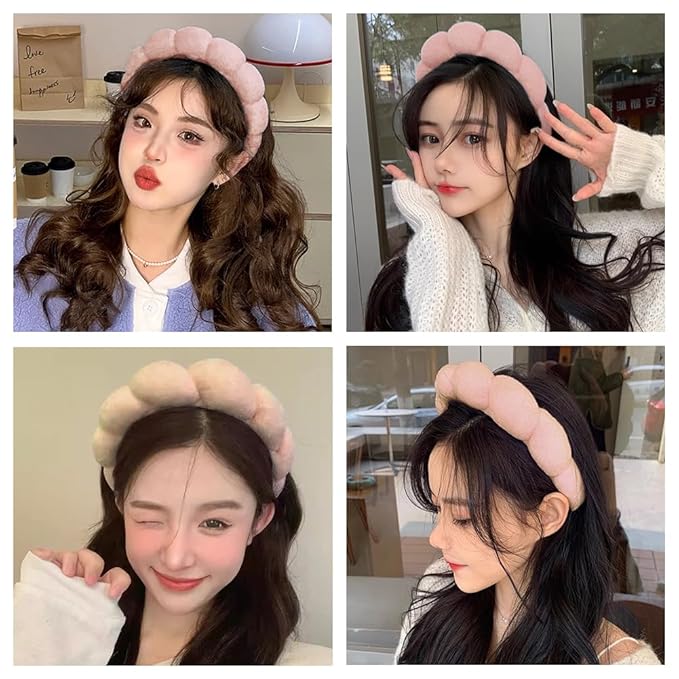 Spa Headbands for Washing Face or Makeup, Sponge Bubble Skincare Headbands, Puffy Terry Cloth Hairband for Women, Skin Care Makeup Headwear Hair Accessories for Girls(Khaki)