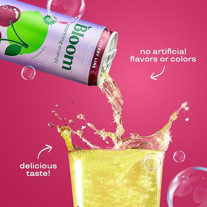 Bloom Nutrition Sparkling Energy Drink - Natural Caffeine, Zero Sugar, 180mg Caffeine - Antioxidant-Rich w/Green Coffee Bean, Green Tea Extract, Prebiotics - Cherry Lime - 12oz 12 pk
