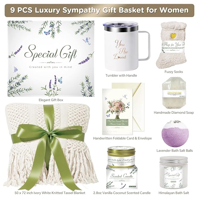 Self Care Gift Basket for Women.Spa Gift Set w Tassel Blanket.Birthday,Get Well Soon,Mother’s Day, Sympathy,Thinking of You Care Package,Relaxation Gifts for Mom,Wife,Grandma,Friend,Her.