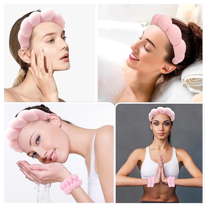 Zkptops Spa Headband for Washing Face Wristband Sponge Makeup Skincare Headband Terry Cloth Bubble Soft Get Ready Hairband for Women Girl Puffy Padded Headwear Non Slip Thick Hair Accessory(Pink)