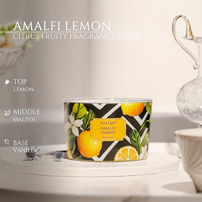 HomeLights Large jar Candle | 4-Wick Long-Lasting Scented Candles, 18oz Natural Soy Wax Candle for Home Scented, Eclectic Mixed Styles Gifts for Women & Men, Amalfi Lemon