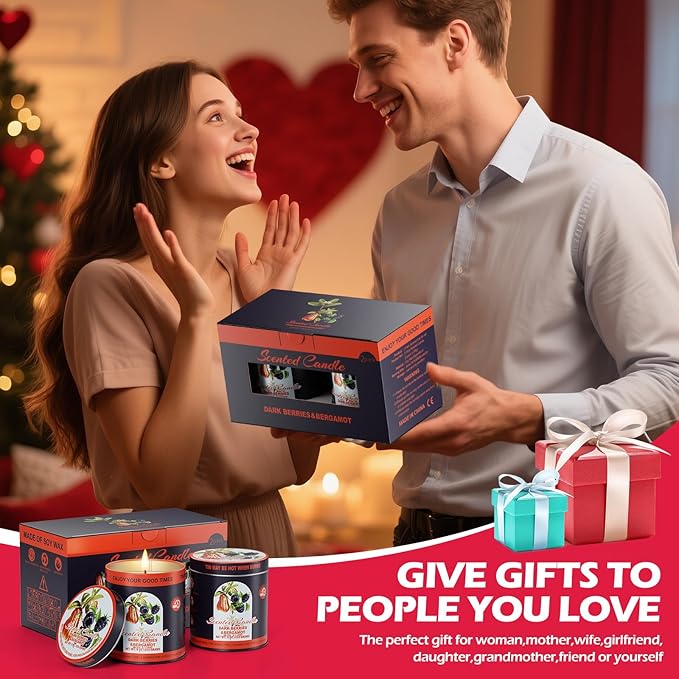 Premium Dark Berries & Bergamot Soy Wax Scented Candle Set - 9oz x 2 Pack, 80-Hour Burn Time, 8% Essential Oils for Aromatherapy Tin Jar Candle, Smoke-Free Relaxation,Yoga & Spa Gifts for Women/Men