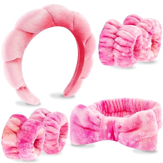 VELSCRUN Spa Headband, Makeup Face Wash Skincare Headbands, 6 Pcs Hot Pink Colorful Sponge Bow Tie Get Ready HairBand Facial Wristband Set, Stuff for Teen Girls Women Trendy Fashion Hair Accessories