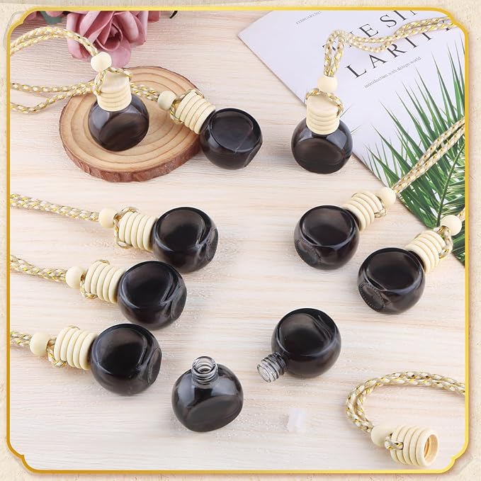 ConStore 20 Pack Black Hanging Car Air Freshener Bottle Empty Car Essential Oil Diffuser Bottles Pendant Black Glass Perfume Bottles Aromatherapy Fragrance Bottle Auto Ornaments Decor (oblate)