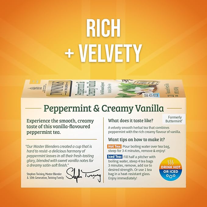 Twinings Peppermint & Creamy Vanilla Herbal Tea Individually Wrapped Bags, 20 Count (Pack of 1), Formerly Buttermint, Naturally Caffeine-Free, Enjoy Hot or Iced