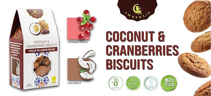 Ambrozia Vegan Snack Biscuits – Coconut & Cranberry - Soft Baked, No Added Sugar, Clean Label, High Fiber & Wholesome Ingredients, Kid-Friendly, Healthy Snacks for Active Lifestyles, 4.58 Oz