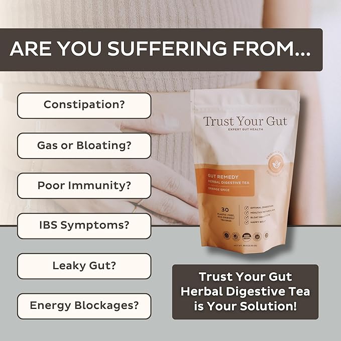 Trust Your Gut Organic Herbal Tea Blend with Lemon Balm, Holy Basil, Dandelion, Ginger Root – Liver Detox, Digestion & Gut Health Support, Gas Bloating Relief – Orange Spice, 30 Bags