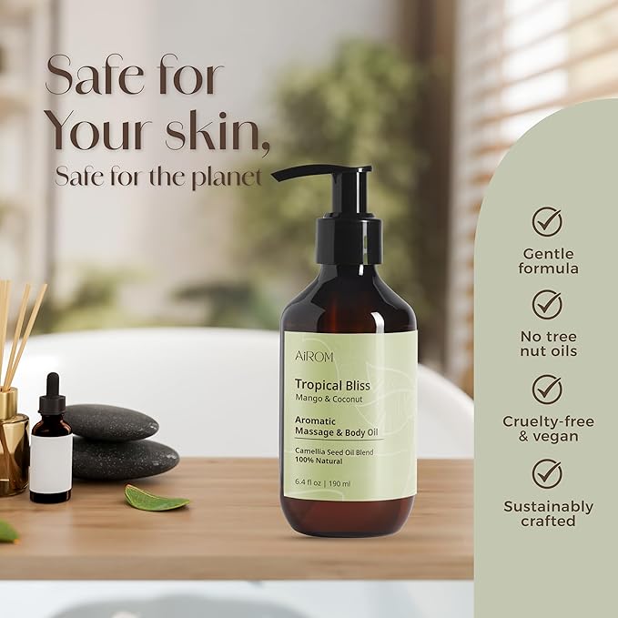 AiROM Mango & Coconut Massage Oil for Massage Therapy – Tropical Bliss - Scented Body Oil for Women – Hypoallergenic, Relaxing Aromatherapy, Non-Greasy, Nut-Free - 6.4 fl oz