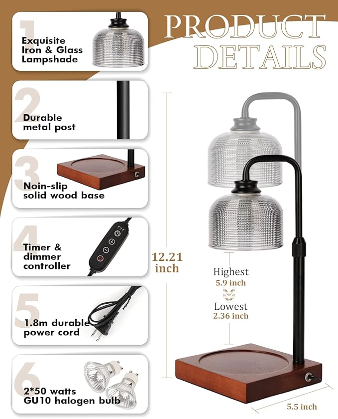 Candle Warmer Lamp with Timer Dimmable, Adjustable Height, House Warming Gifts New Home Room Decor, Christmas Birthday Gifts for Women Mom, Wax Warmer Lamp for Jar Candles with 2 Bulbs