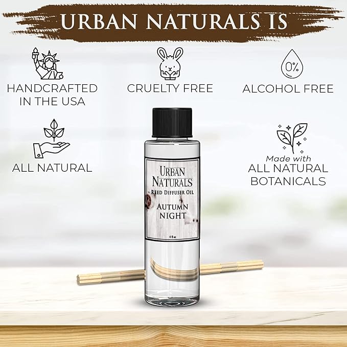 Urban Naturals Autumn Night Reed Diffuser Refill Oil with Free Set of Reed Sticks. Woodsy Fall Scent – Cinnamon, Nutmeg, Clove, Apple, Cedar & Sandalwood, 4 oz