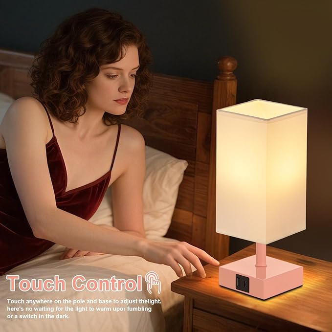 Ambimall Touch Control Table Lamp with USB A+C Charging Ports - 3 Way Touch Lamps Bedside, Nightstand Lamp for Bedrooms, LED Bulb Included(White Shade & Pink Base)