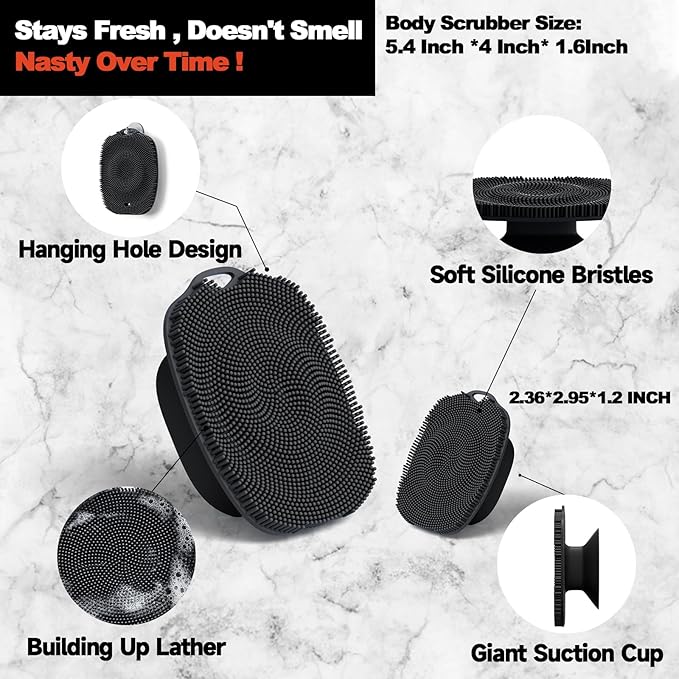 Soft Silicone Body Scrubber, Gentle Like a Hand Exfoliating Your Skin and Build Up Lather, Back Large Suction Cup Easy to Store, & Deep Clean (Body Scrubber + Face Scrubber Black)