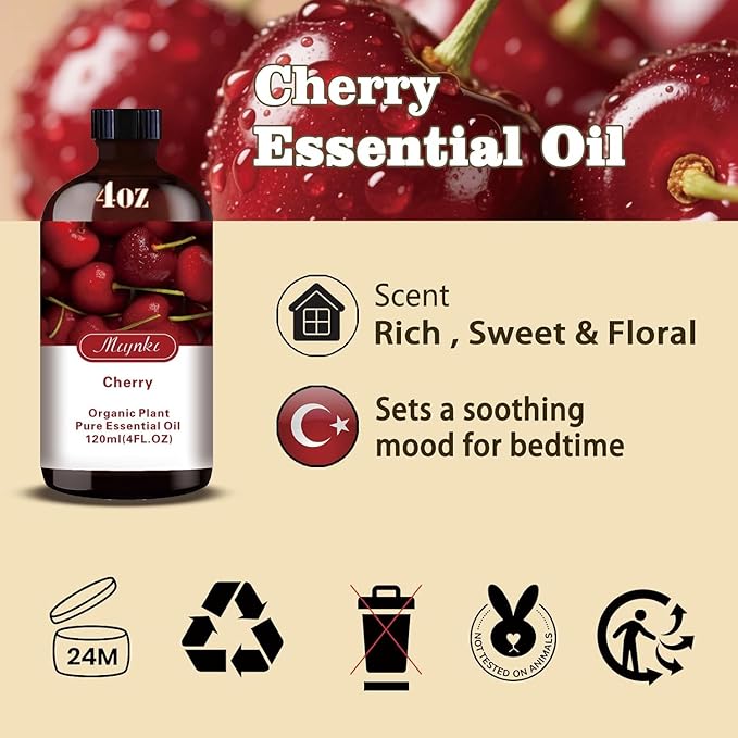 Cherry Essential Oil, Roll-on Cherry Oil Sets (4 Fl Oz + 0.33 Fl Oz) - 100% Natural, Diffuser, Massage, Yoga, DIY Soap and Candle Making - Home Fragrance, Fragrance Oils, Gifts, Spa Care