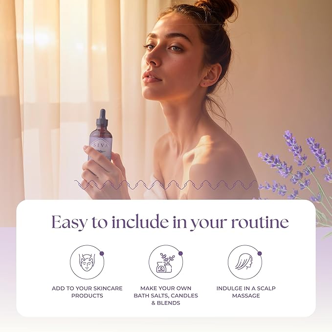 SIVA Lavender Essential Oil - 4 Fl Oz – Natural Lavender Oil - for Diffuser, Face, Skin Care, Aromatherapy, Hair Care, Scalp and Body Massage - with Dropper