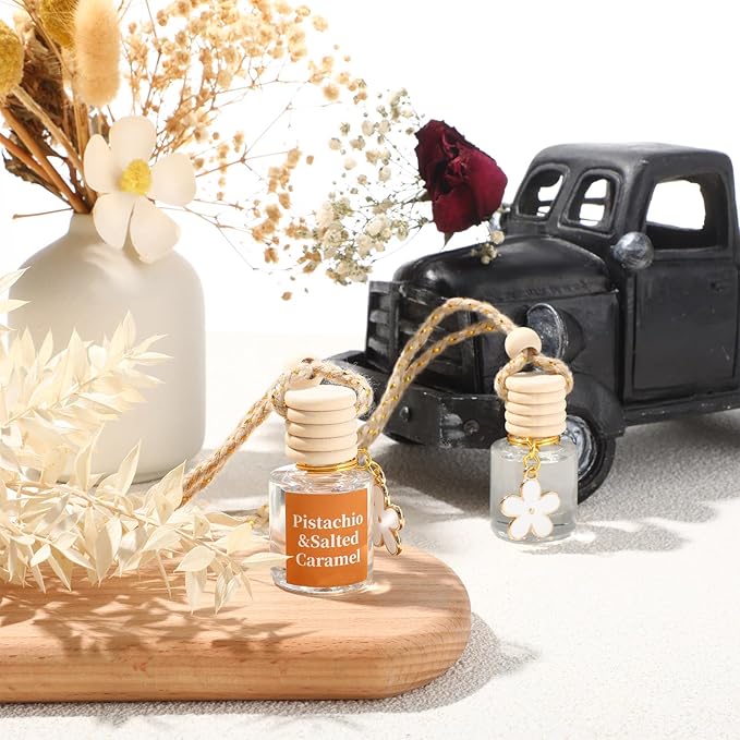 2 Sets Hanging Car Air Freshener and Essential Oil Diffuser, Car Air Freshener Daisy Essential Oil Diffuser Long Lasting Automobile Aromatherapy (White,Pistachio & Salted Caramel)