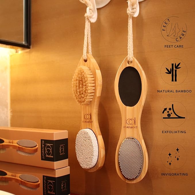 ICDI ICANdOIT Natural Bamboo Foot File Callus Remover-Multi Purpose 4 in 1 Feet Pedicure Kit with Foot Care Boar Bristle Brush,Pumice Stone,Foot Rasp,Sand Paper