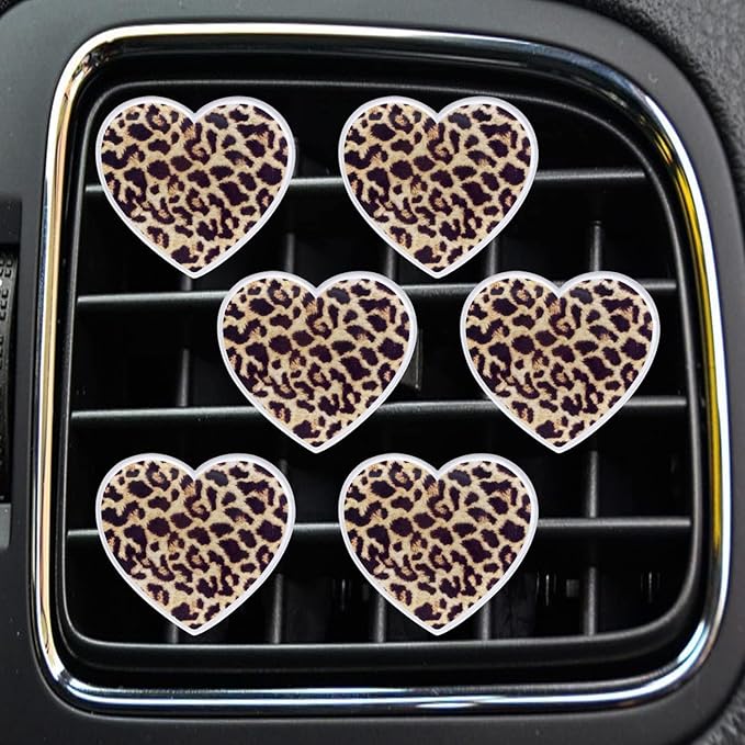 6Pcs Leopard Heart Car Air Freshener Clips - Fashion Animal Print Vent Decor Accessories, Long-Lasting Scent Diffusers for Women Girls, Cute Auto Interior Charms