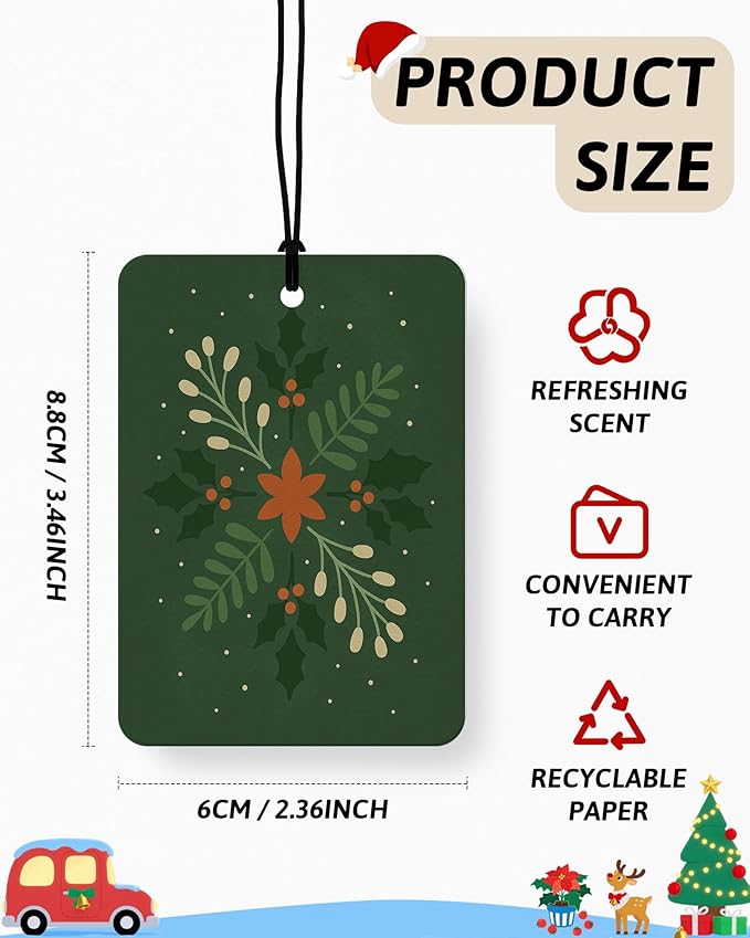 Green Christmas Berry Car Air Freshener 4 Pcs, Rustic Xmas Tree Floral Botanical Hohoho Hanging Air Freshener for Cars Closet Drawer Books, Christmas Car Accessories Mirror Decor for Women