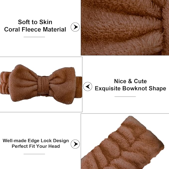 Casoty 6 Pcs Spa Headbands, Hair Holder for Washing Face, Soft Coral Fleece Microfiber Headband, Bow Hair Bands, Beauty Headbands for Face Washing Shower Skin Care Yoga