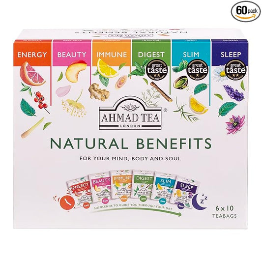 Ahmad Tea Natural Benefit Functional Tea Selection Pack | Green teas, Fruit & Herbal Infusions | Perfect herbal tea gift - 60 Teabag Sachets | 6 blends