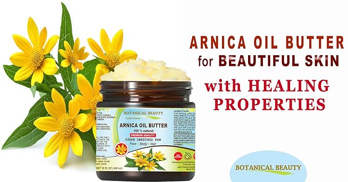 Botanical Beauty ARNICA OIL BUTTER Arnica Montana in Shea Butter 100% Natural for FACE, SKIN, BODY, HAIR, NAILS Skin Moisturizer Oil Butter, Skin Nourishing Oil Butter (16 Fl Oz)