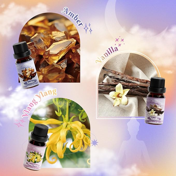 Tranquil Diffuser Oils, SNOWSEN Essential Oil Set for Diffuser, Soap & Candle Making, Aromatherapy Oils Gift Set Includes Amber, Vanilla, Cucumber & Mint, Clary Sage, Ylang Ylang, Mountain Air