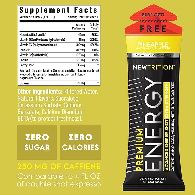NewTrition® Extra Strength Energy Shots, 250mg Caffeine Energy Shots with Vitamin B & Amino Acids, Sugar-Free Vitamin Energy Shot, 1.7 fl oz (Pack of 24, Pineapple)