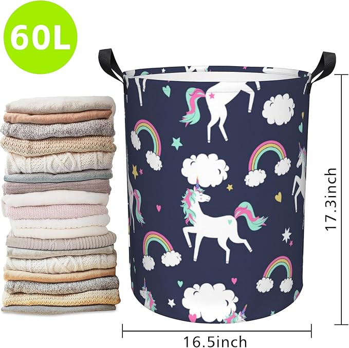 Laundry Basket Unicorns and Rainbows Laundry Hamper Large Laundry Basket Storage Basket Tote Bag Collapsible Organizer Basket for Bathroom,Laundry,Bedroom 17.3 x16.5 Inch
