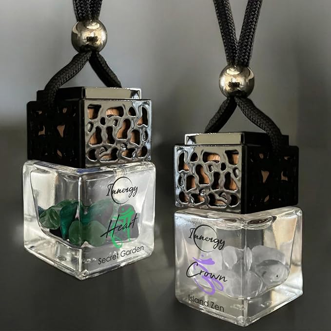 Innergy Throat Chakra Crystal Infused Car Air Freshener - Portable 8 ml. Hanging Essential Oil Diffuser for Vehicle, Long-Lasting Fragrance, Eco-Friendly Design, Freshness On The Go!