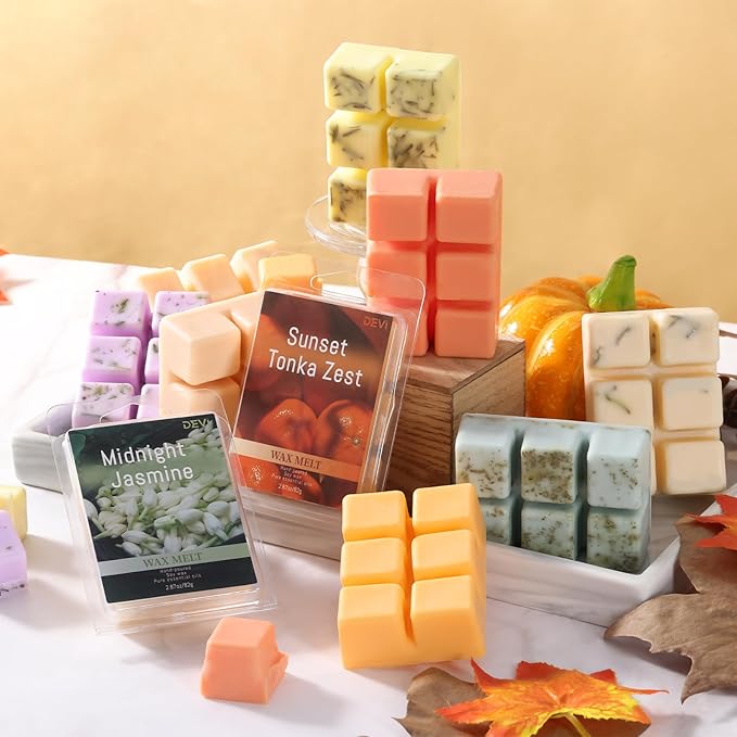 DEVI Assorted Scented Wax Melts with Dried Flowers(4 Pack), Natural Soy Wax Cubes Strong Scent - Plant-Based Scented Melts for Warmer, Pumpkin Spice, Citrus & Tonka, Peppermint & Sage, Honeysuckle