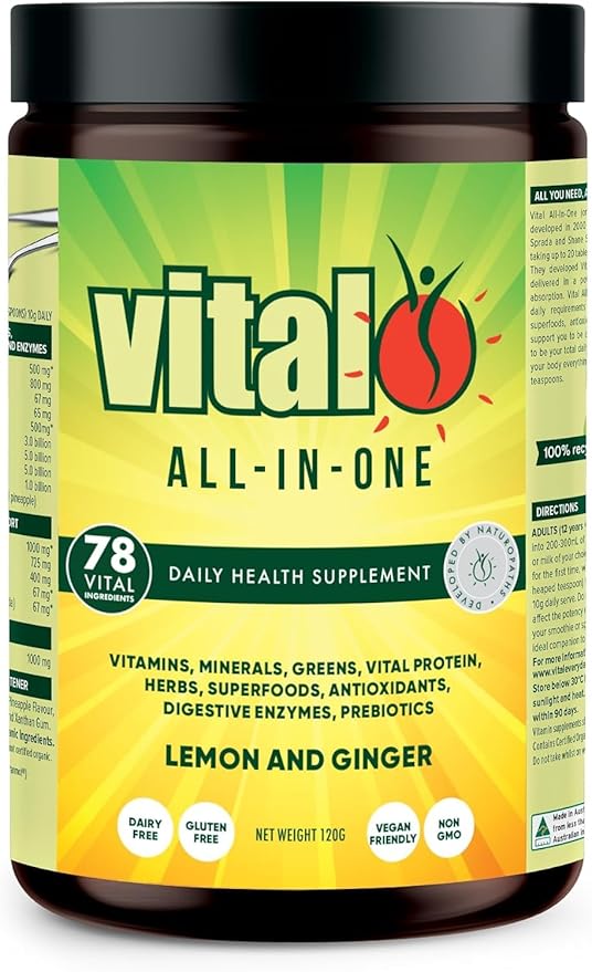 Vital All-in-One Daily Powdered Supplement - Natural Greens Superfood Powder for Energy & Health, Super Greens Powder Drink Mix with Probiotic & Antioxidant Support - Lemon & Ginger, 4.23 oz (120 g)