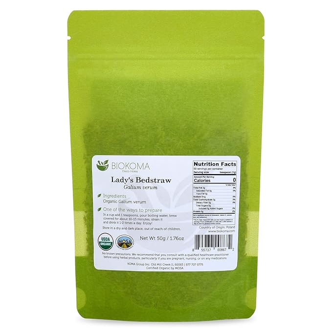 Biokoma Pure and Organic Lady's Bedstraw Dried Herb 50g (1.76oz) In Resealable Moisture Proof Pouch, USDA Certified Organic - Herbal Tea, No Additives, No Preservatives, No GMO, Kosher