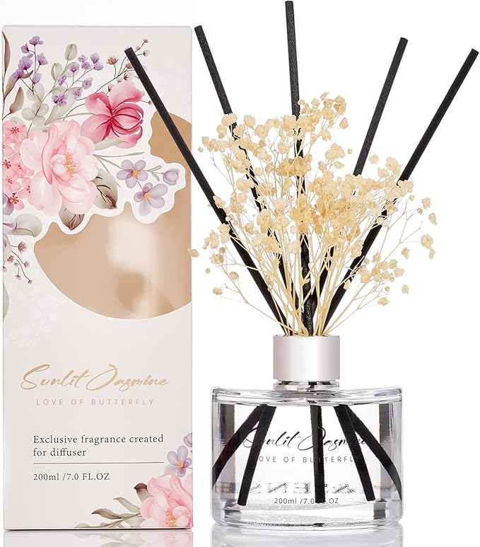 M&SENSE Reed Diffuser Set with 7 Sticks | 7.0oz Fresh Marine & Jasmine Scent, Home Fragrance Diffuser for Housewarming Diffuser Room Fresheners for Bathroom Long Lasting with Baby's Breath Flower