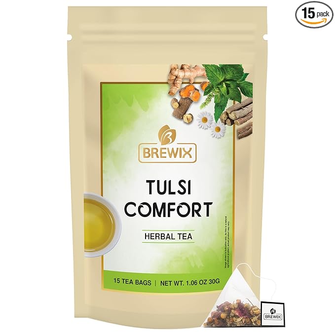 BREWIX Holy Basil Tea Bags (15 Pyramid Tea Bags) | Tee With Tulsi Leaves and Chamomile | Caffeine Free, Calming Herbal Tea With Fresh and Cool Flavor