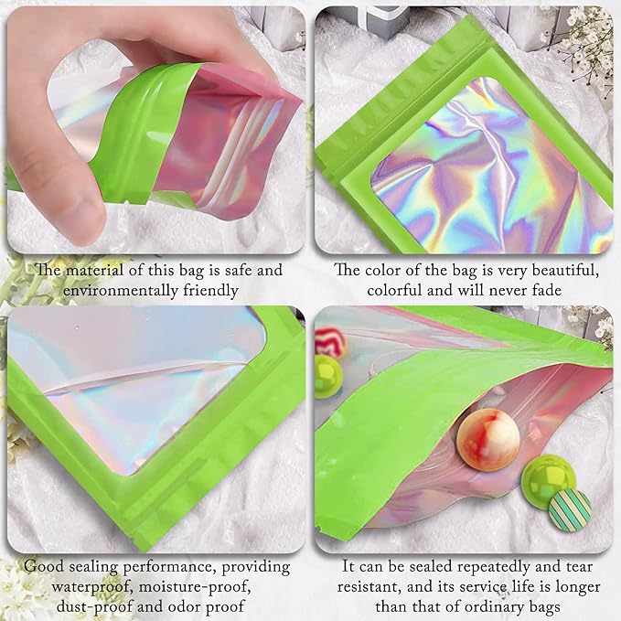 100 Pieces Smell Proof Mylar Resealable Bags, Holographic Packaging Bags, Resealable Odor Foil Pouch Zipper Bag with Clear Window for Food Storage and Lipgloss, Jewelry Lash(Green, 3.1 x 5.1 Inch)